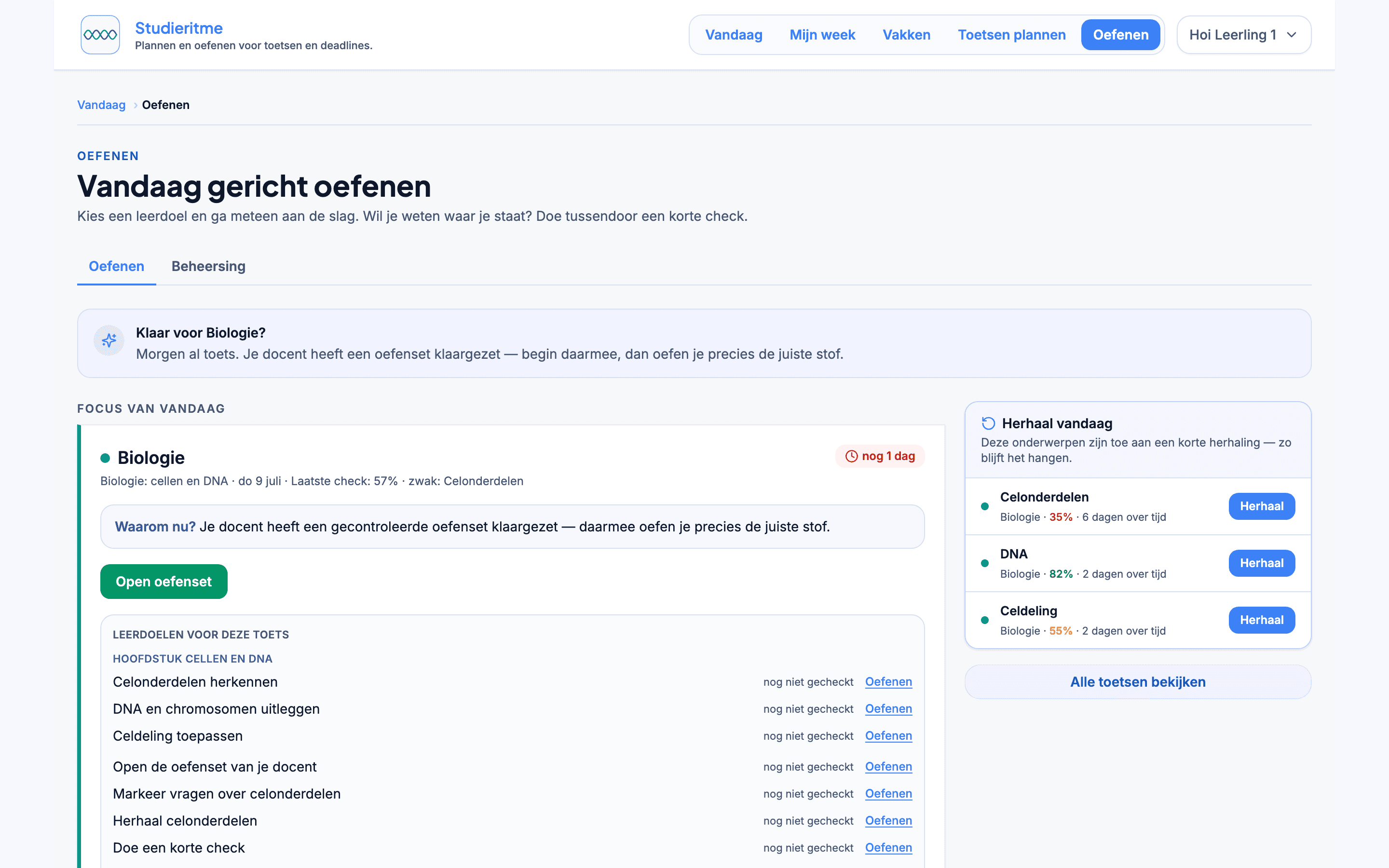 De Oefenen-hub in Studieritme met leerdoelen per toets en een directe start-knop