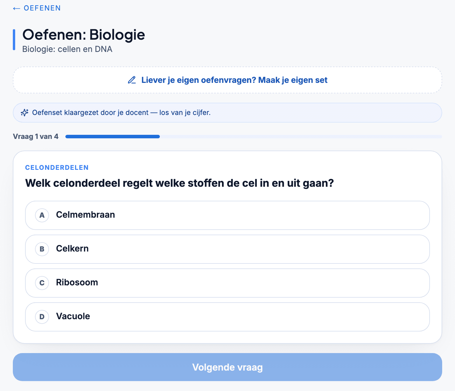 Een oefenvraag over celonderdelen in Studieritme, uit een oefenset die de docent heeft klaargezet