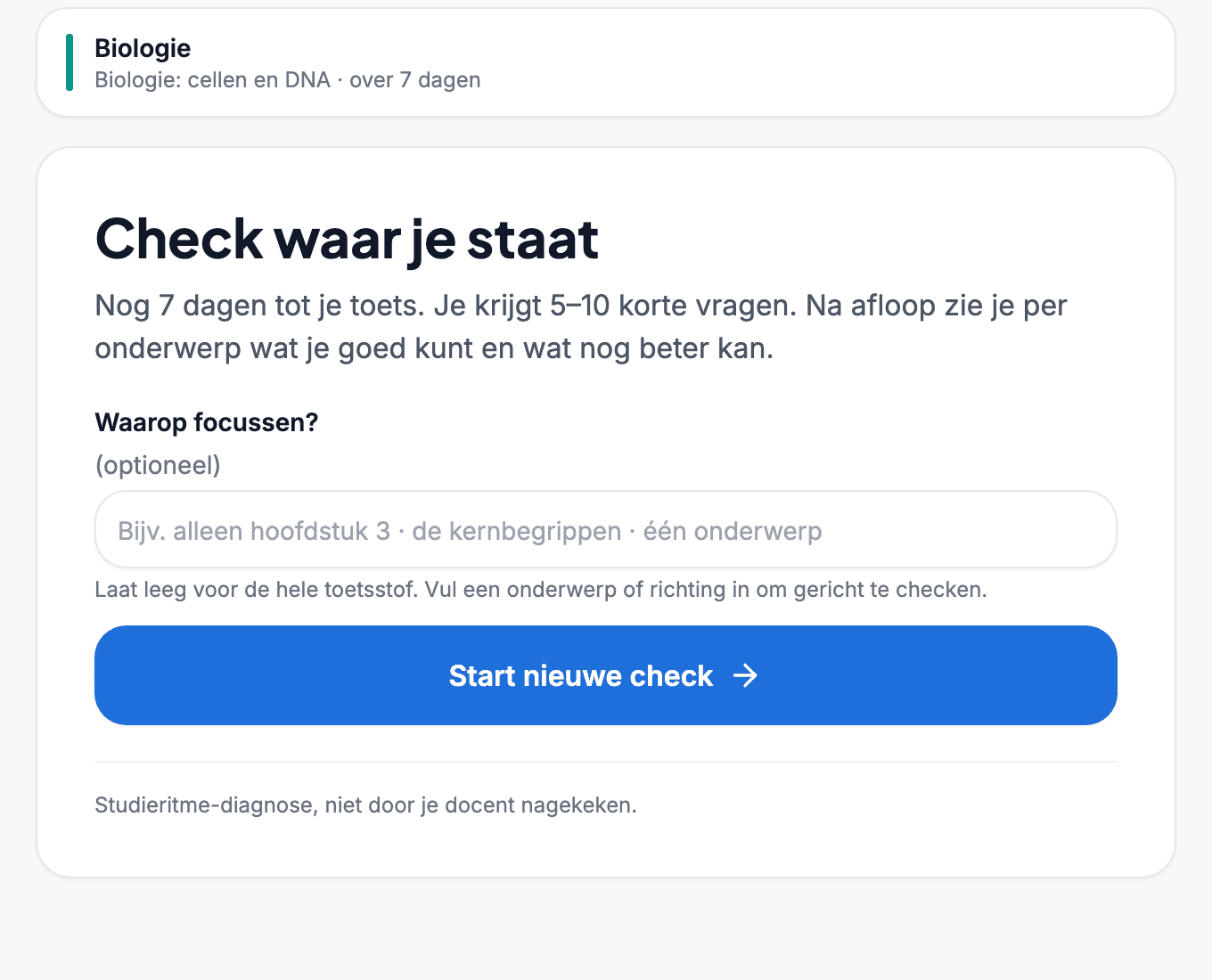 De AI-Studiecoach in Studieritme met een korte oefencheck voor een biologietoets in drie stappen